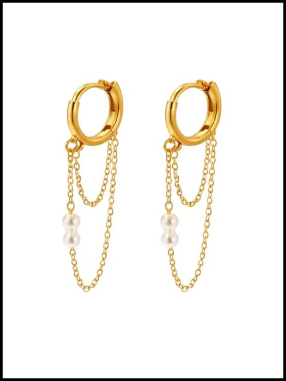 18K Gold Plated 304 Stainless Steel Double Dangling Chain Huggie Hoop Earrings
